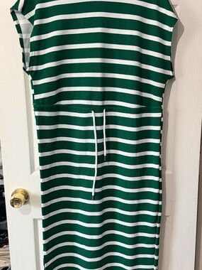 Green and White Striped Drawstring Midi Dress